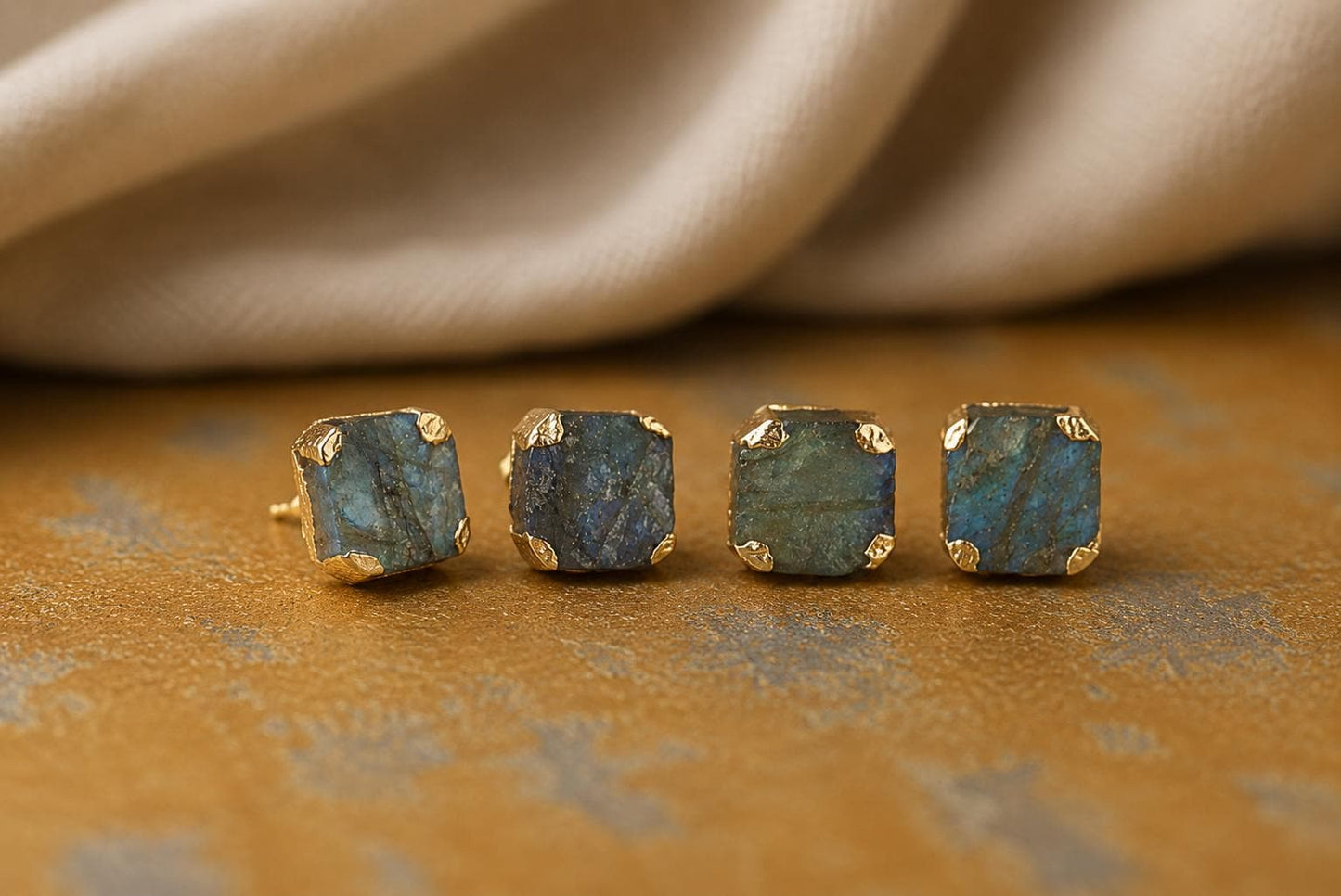 Raw Labradorite Stud Earrings, Gold Gemstone Earrings, Blue Flash Gemstone Posts