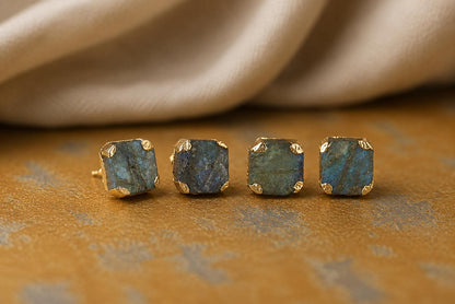 Raw Labradorite Stud Earrings, Gold Gemstone Earrings, Blue Flash Gemstone Posts