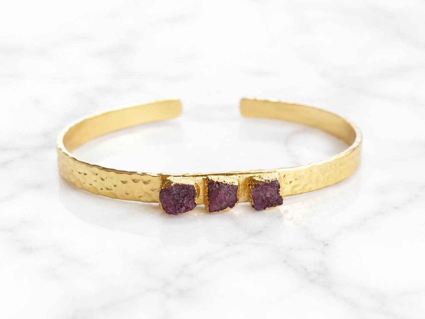 Raw Ruby Cuff Bracelet | Gold Hammered Bracelet with Natural Ruby Stones | Adjustable July Birthstone Jewelry | Gift for Her