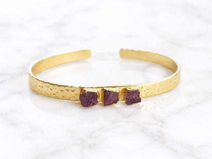 Raw Ruby Cuff Bracelet | Gold Hammered Bracelet with Natural Ruby Stones | Adjustable July Birthstone Jewelry | Gift for Her