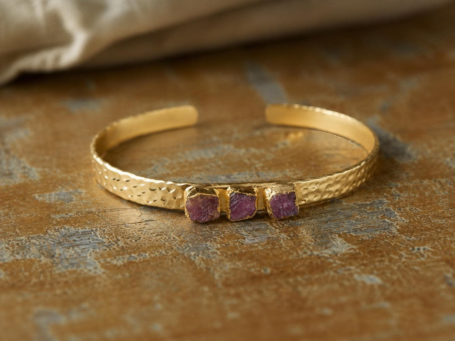 Raw Ruby Cuff Bracelet | Gold Hammered Bracelet with Natural Ruby Stones | Adjustable July Birthstone Jewelry | Gift for Her