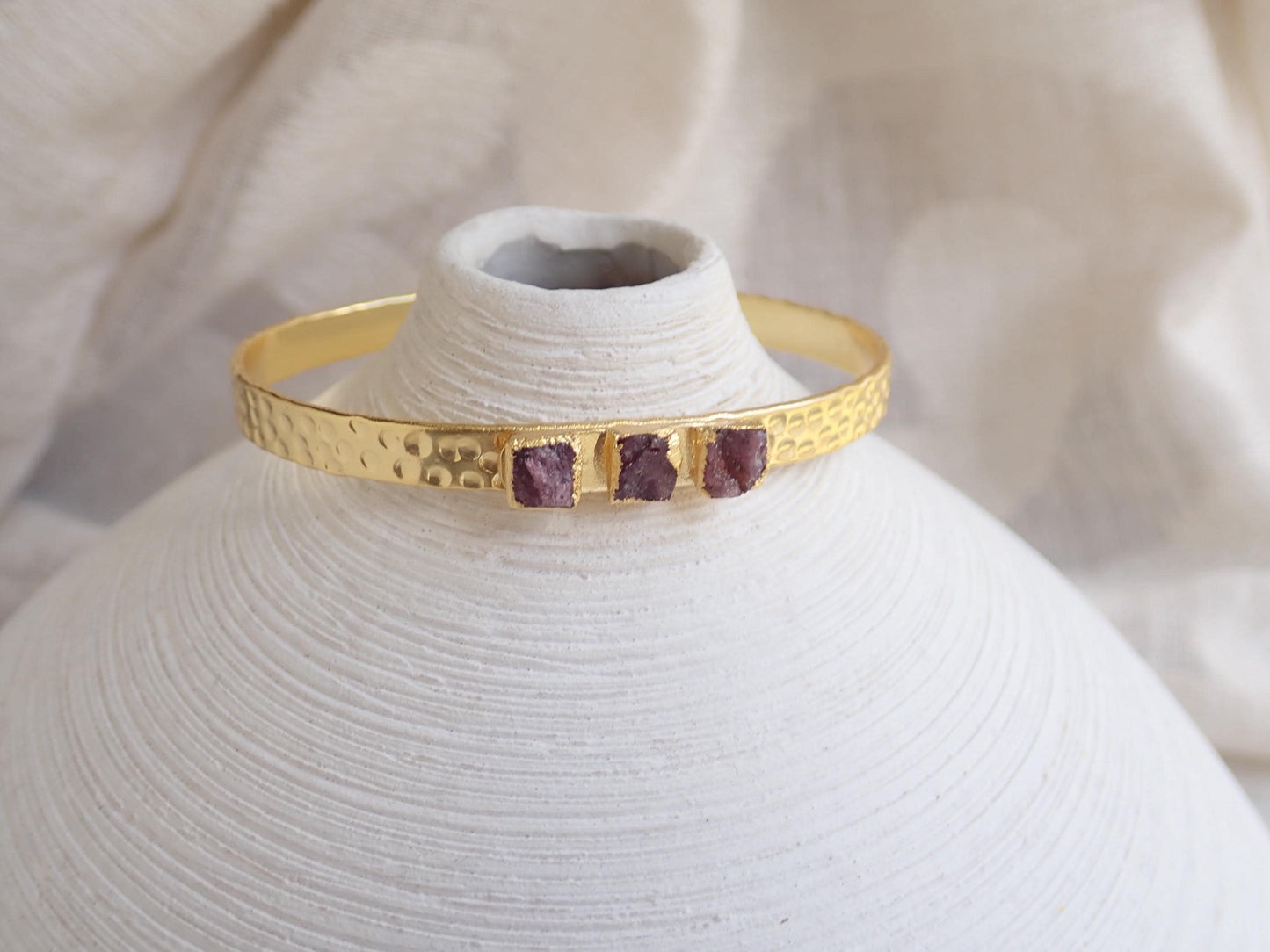 Raw Ruby Cuff Bracelet | Gold Hammered Bracelet with Natural Ruby Stones | Adjustable July Birthstone Jewelry | Gift for Her