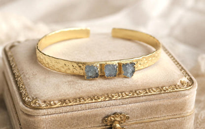 Raw Aquamarine Cuff Bracelet | Natural Aquamarine Gemstone Bracelet | Gold Hammered Adjustable Bangle | March Birthstone Jewelry Gift
