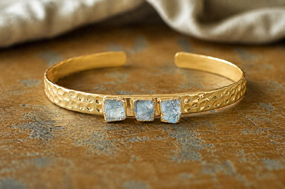 Gold Birthstone Cuff Bracelet, Herkimer Diamond Cuff, April Birthstone Gift