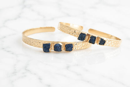 Raw Sapphire Gold Cuff Bracelet, Hammered Gold Bracelet, September Birthstone Gift