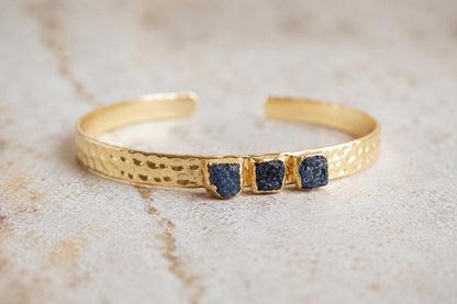 Raw Sapphire Gold Cuff Bracelet, Hammered Gold Bracelet, September Birthstone Gift