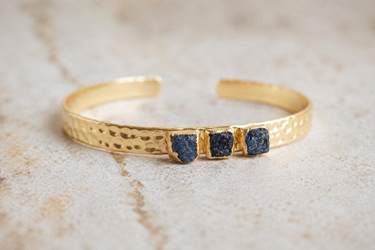Raw Sapphire Gold Cuff Bracelet, Hammered Gold Bracelet, September Birthstone Gift