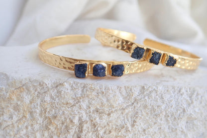 Raw Sapphire Gold Cuff Bracelet, Hammered Gold Bracelet, September Birthstone Gift