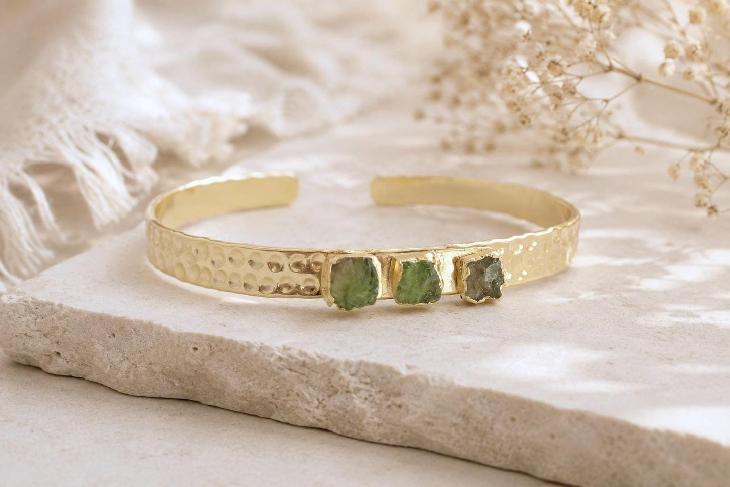 Raw Peridot Gold Cuff Bracelet, Hammered Adjustable Bangle with Natural Green Gemstones, August Birthstone Jewelry