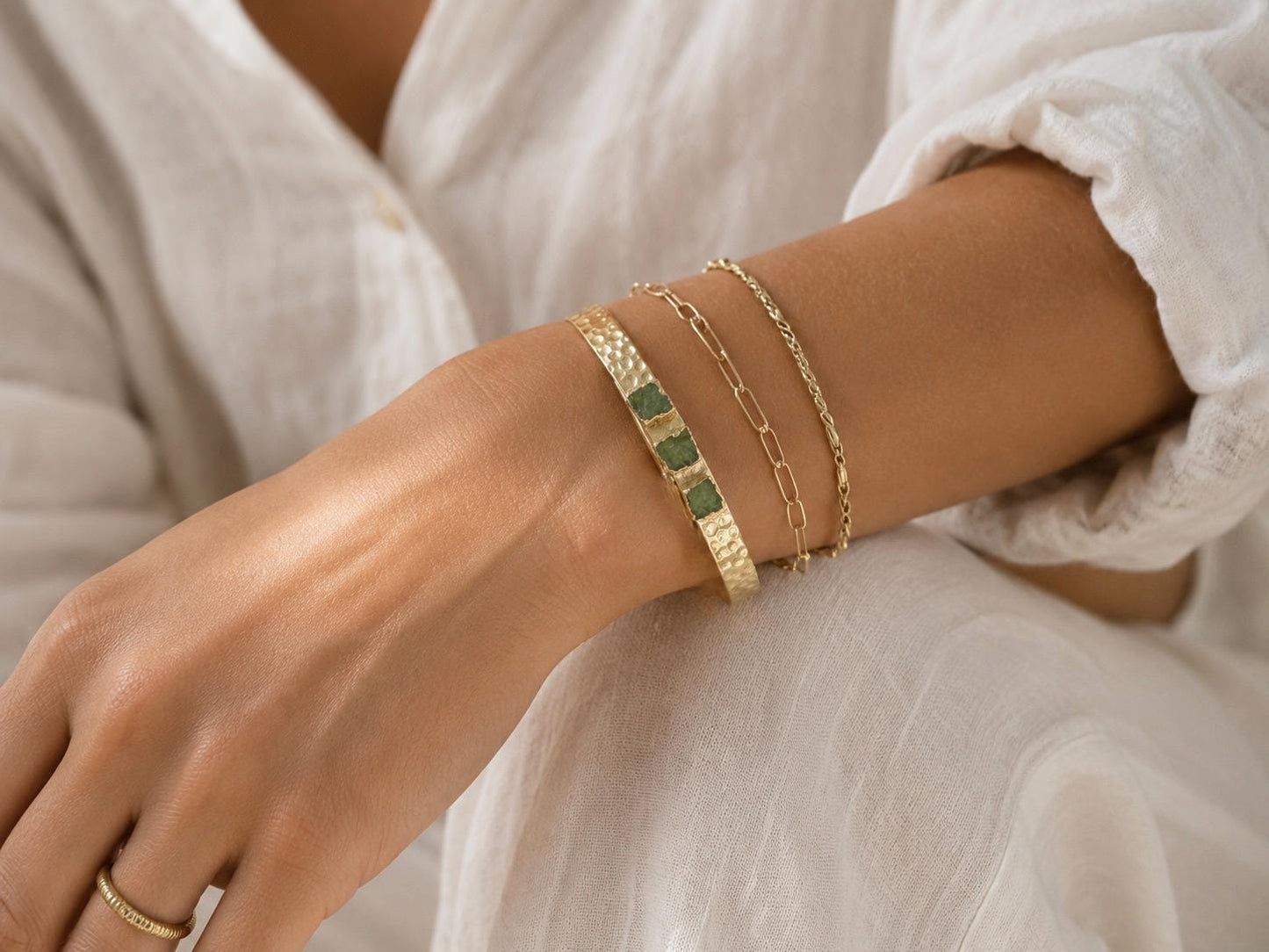 Raw Peridot Gold Cuff Bracelet, Hammered Adjustable Bangle with Natural Green Gemstones, August Birthstone Jewelry