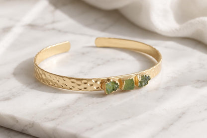 Raw Peridot Gold Cuff Bracelet, Hammered Adjustable Bangle with Natural Green Gemstones, August Birthstone Jewelry