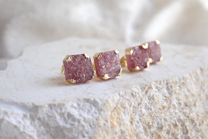 Pink Crystal Strawberry Quartz Stud Earrings | Square Gemstone Post Earrings | Gold Minimalist Boho Jewelry