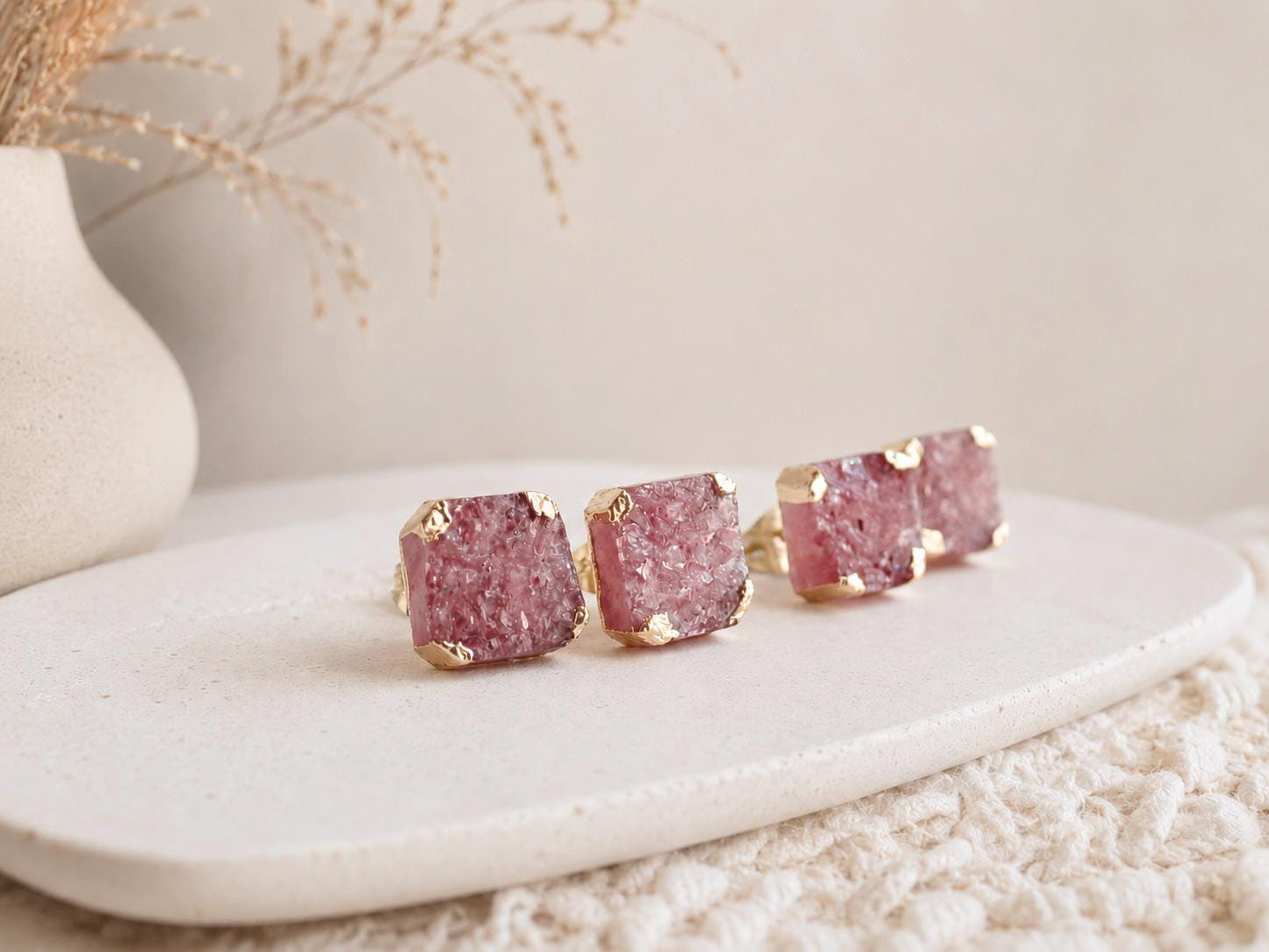 Pink Crystal Strawberry Quartz Stud Earrings | Square Gemstone Post Earrings | Gold Minimalist Boho Jewelry