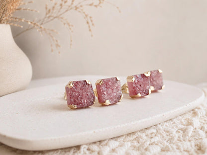 Pink Crystal Strawberry Quartz Stud Earrings | Square Gemstone Post Earrings | Gold Minimalist Boho Jewelry