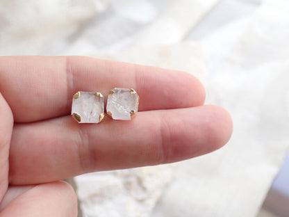 Square Clear Quartz Stud Earrings, Raw Quartz Crystal Studs, April Birthstone Gift
