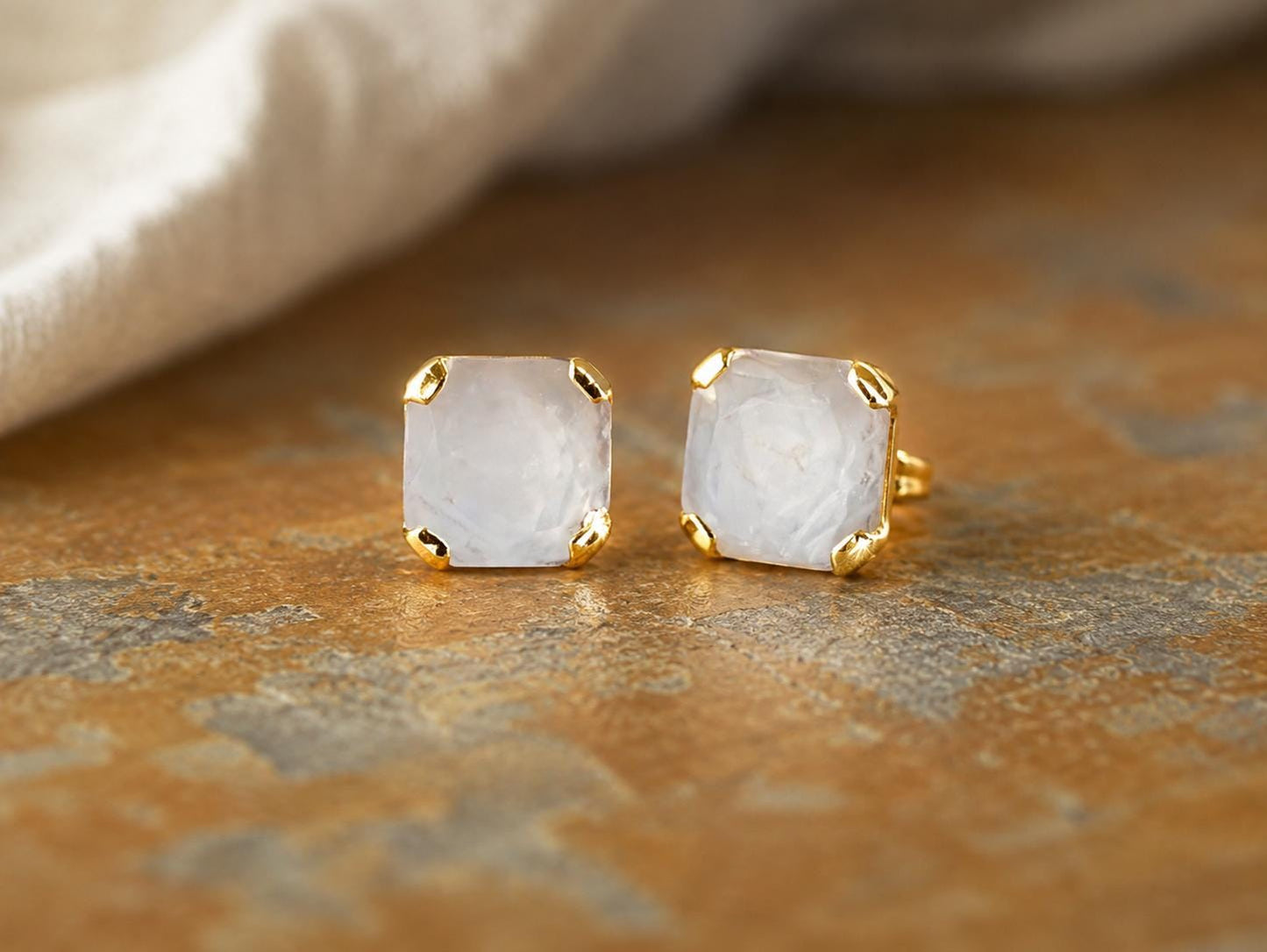 Square Clear Quartz Stud Earrings, Raw Quartz Crystal Studs, April Birthstone Gift