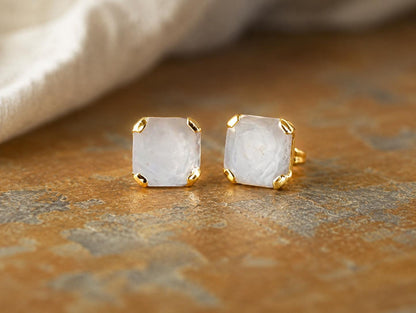Square Clear Quartz Stud Earrings, Raw Quartz Crystal Studs, April Birthstone Gift