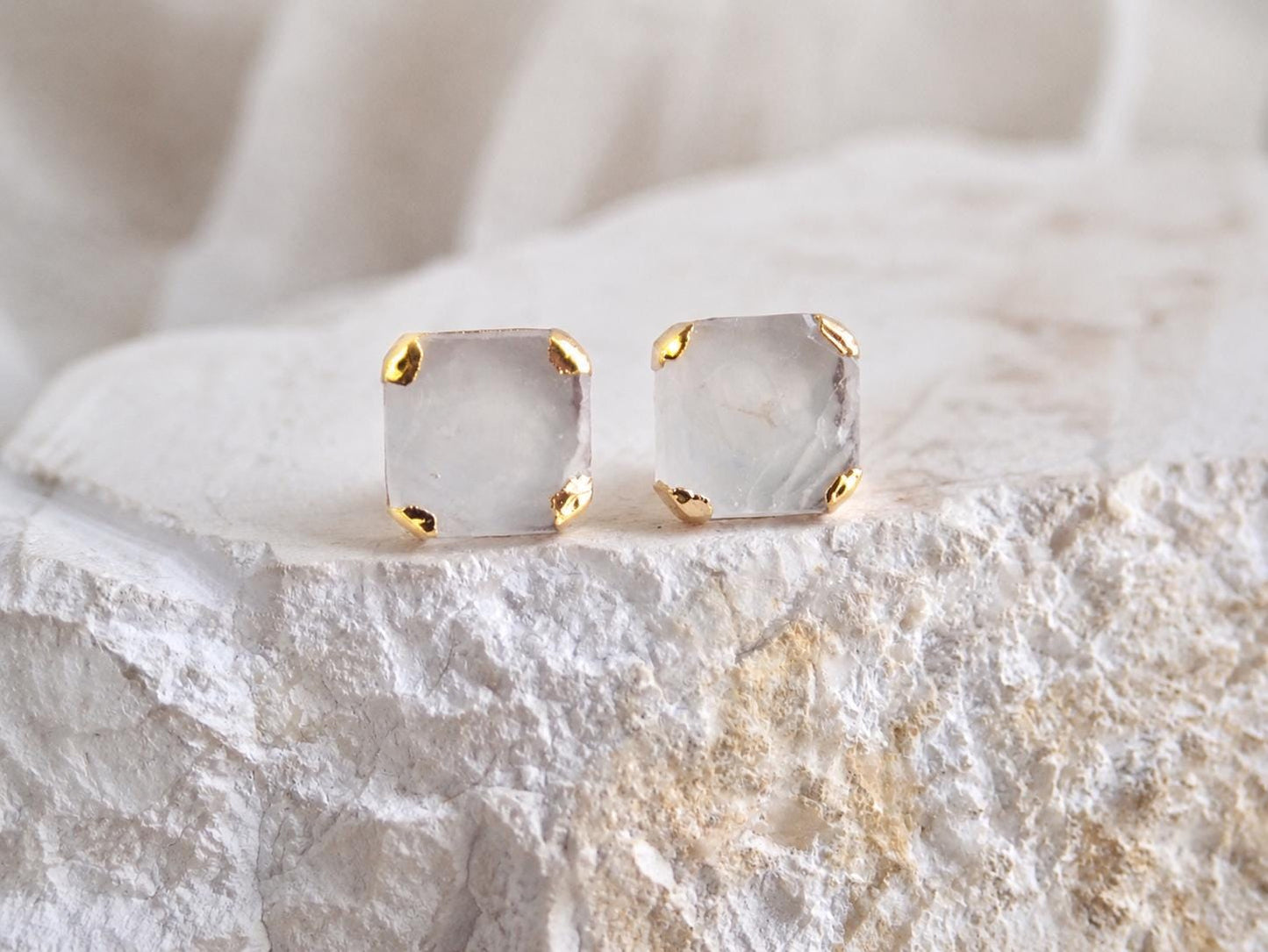 Square Clear Quartz Stud Earrings, Raw Quartz Crystal Studs, April Birthstone Gift