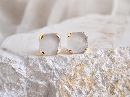 Square Clear Quartz Stud Earrings, Raw Quartz Crystal Studs, April Birthstone Gift