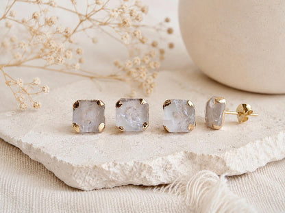 Square Clear Quartz Stud Earrings, Raw Quartz Crystal Studs, April Birthstone Gift