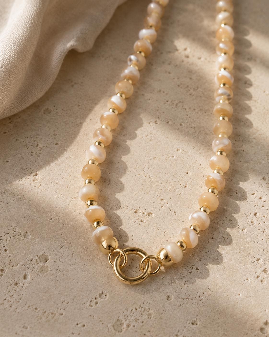 Mother of Pearl Beaded Charm Necklace, Front Clasp Charm Holder Necklace,  Coastal Fish Charm Necklace Gold