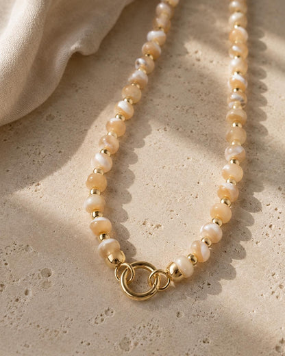 Mother of Pearl Beaded Charm Necklace, Front Clasp Charm Holder Necklace,  Coastal Fish Charm Necklace Gold