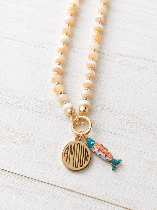 Mother of Pearl Beaded Charm Necklace, Front Clasp Charm Holder Necklace,  Coastal Fish Charm Necklace Gold