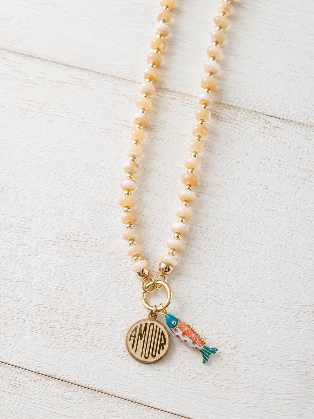Mother of Pearl Beaded Charm Necklace, Front Clasp Charm Holder Necklace,  Coastal Fish Charm Necklace Gold