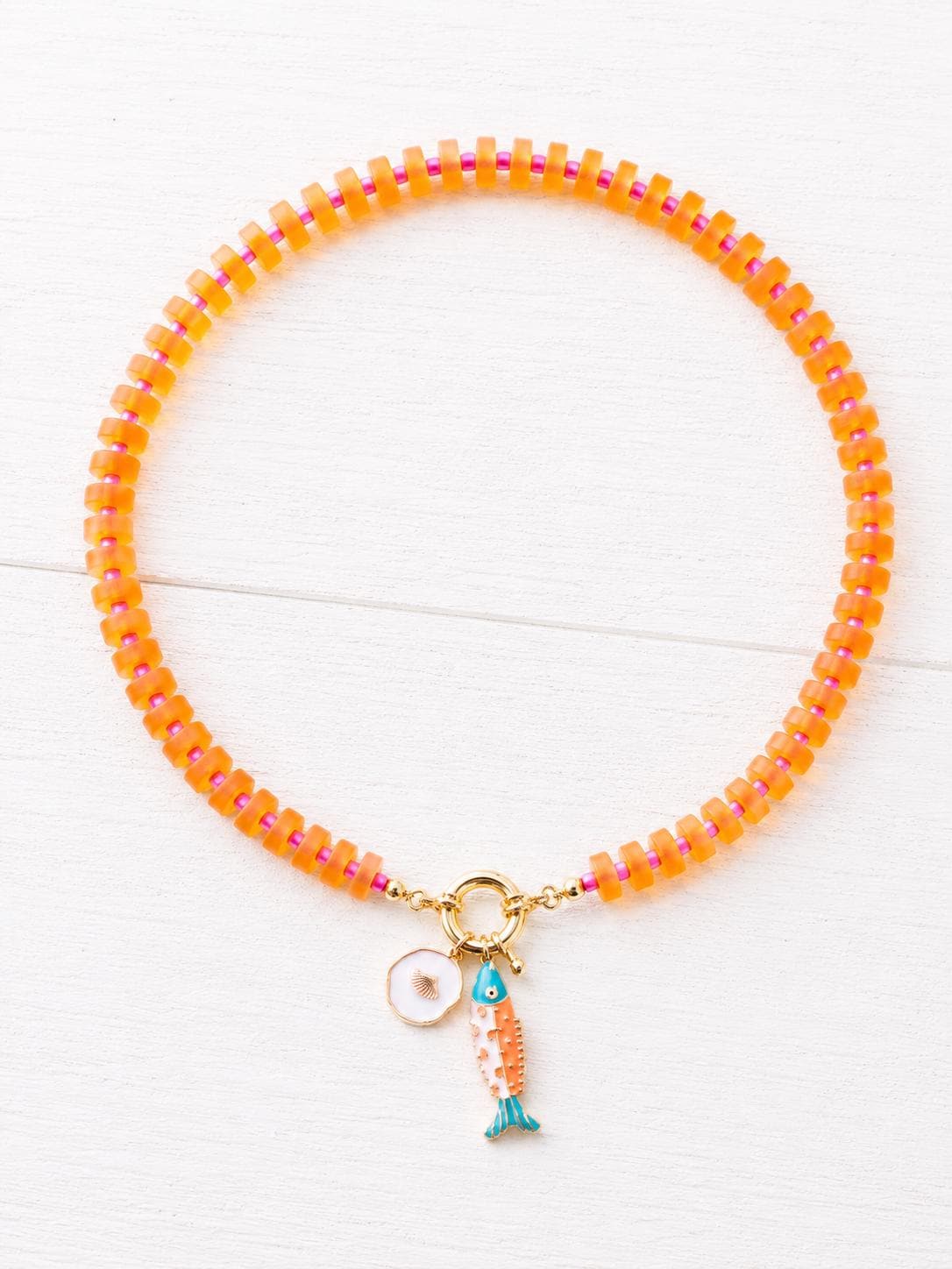 Colorful Sea Glass Charm Holder Necklace, Front Clasp Necklace, Fish Pendant Necklace