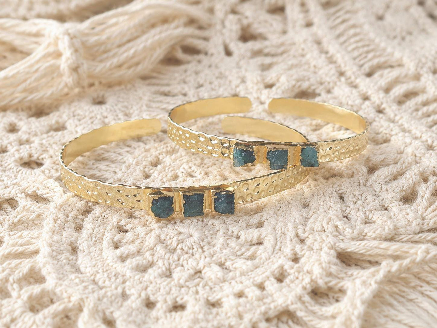 Raw Emerald Gold Cuff Bracelet, Hammered Adjustable Bangle with Natural Green Gemstones, May Birthstone Jewelry