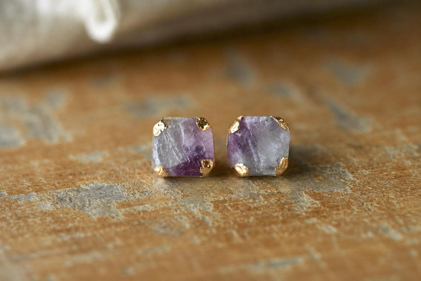 Raw Rainbow Fluorite Stud Earrings, Purple & Green Gemstone Studs, Natural Crystal Post Earrings