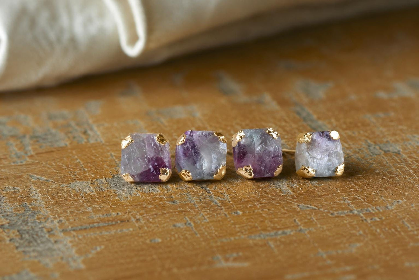 Raw Rainbow Fluorite Stud Earrings, Purple & Green Gemstone Studs, Natural Crystal Post Earrings