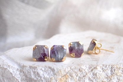 Raw Rainbow Fluorite Stud Earrings, Purple & Green Gemstone Studs, Natural Crystal Post Earrings
