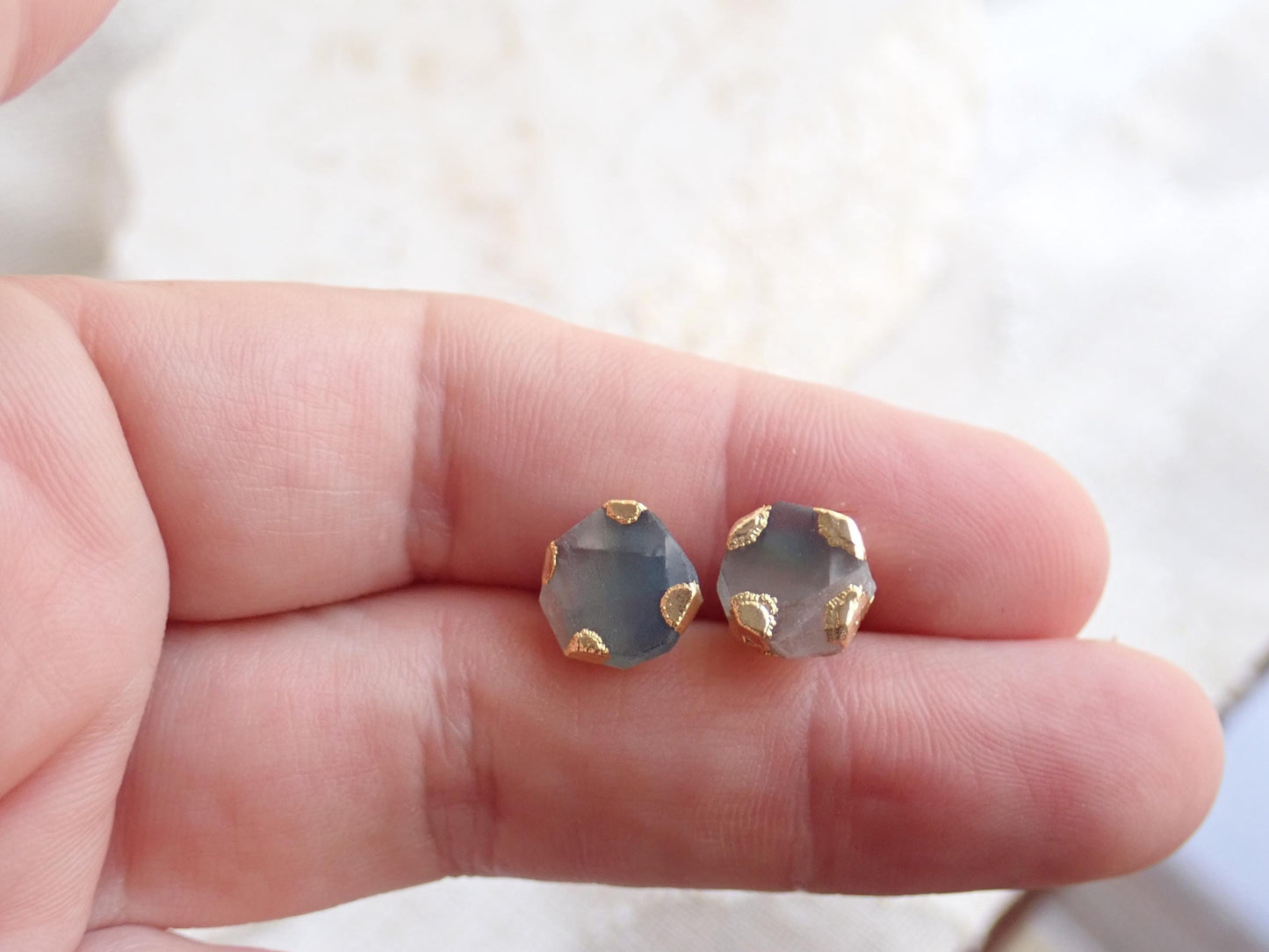 Raw Rainbow Fluorite Stud Earrings, Purple & Green Gemstone Studs, Natural Crystal Post Earrings