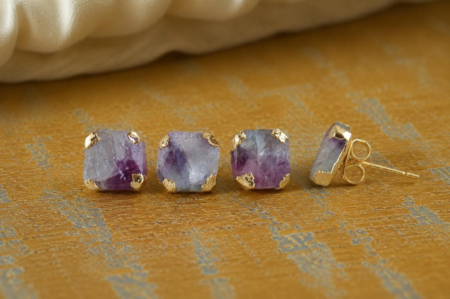 Raw Rainbow Fluorite Stud Earrings, Purple & Green Gemstone Studs, Natural Crystal Post Earrings