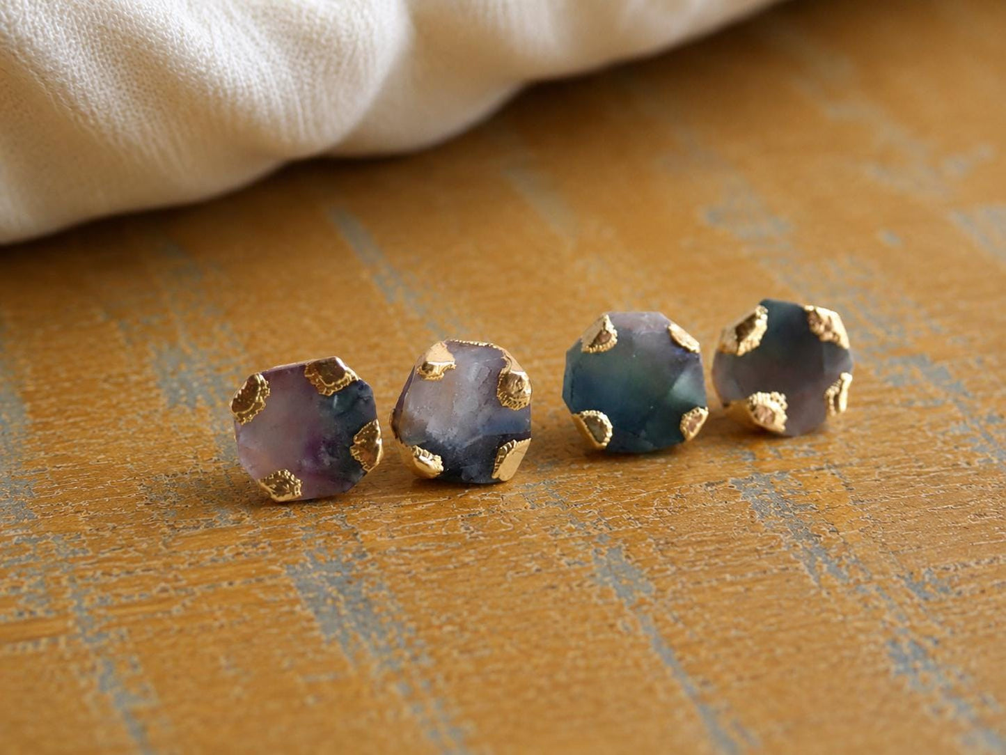 Raw Rainbow Fluorite Stud Earrings, Purple & Green Gemstone Studs, Natural Crystal Post Earrings