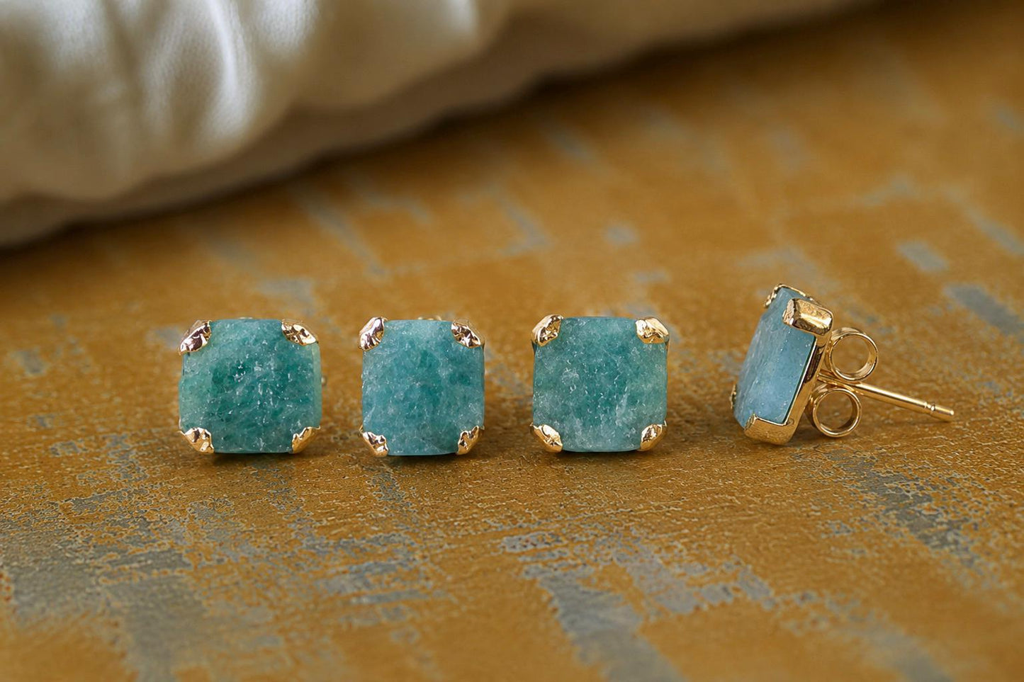 Raw Amazonite Stud Earrings, Aqua Blue Green Gemstone Studs, Gold Minimalist Earrings