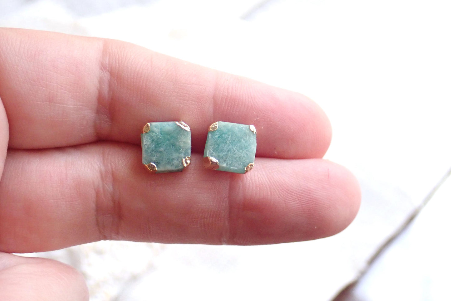 Raw Amazonite Stud Earrings, Aqua Blue Green Gemstone Studs, Gold Minimalist Earrings
