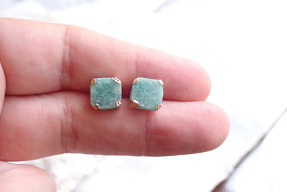 Raw Amazonite Stud Earrings, Aqua Blue Green Gemstone Studs, Gold Minimalist Earrings