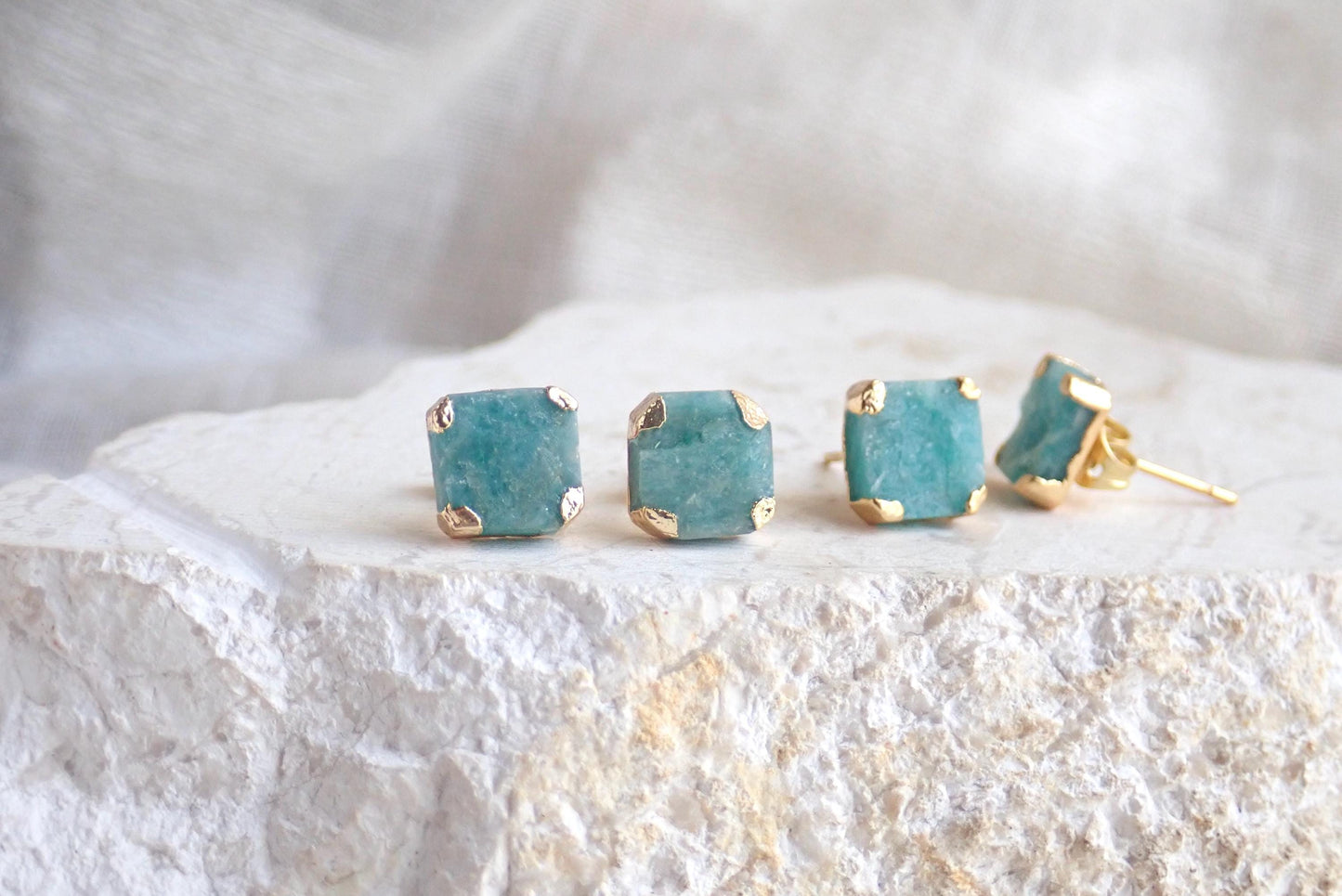 Raw Amazonite Stud Earrings, Aqua Blue Green Gemstone Studs, Gold Minimalist Earrings