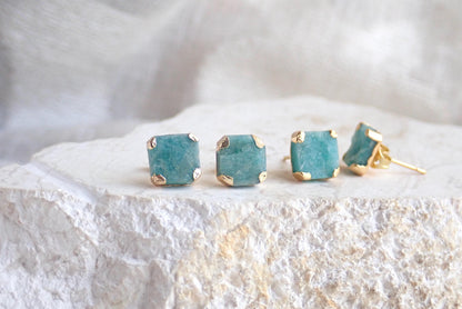 Raw Amazonite Stud Earrings, Aqua Blue Green Gemstone Studs, Gold Minimalist Earrings