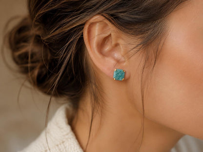 Raw Amazonite Stud Earrings, Aqua Blue Green Gemstone Studs, Gold Minimalist Earrings