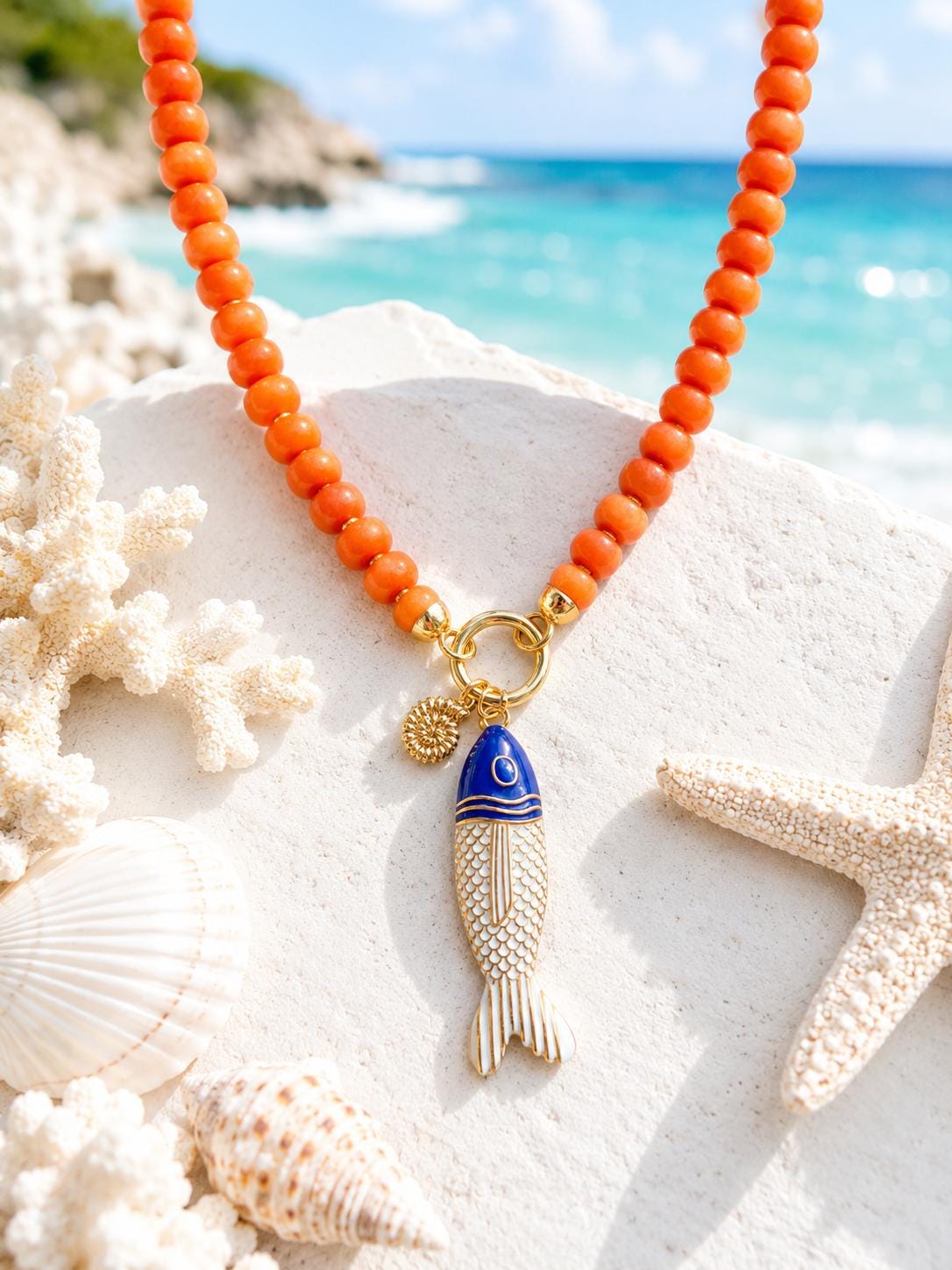 Coastal Beaded Charm Necklace, Gold Filled Coral Charm Holder Necklace, Charm Bar Jewelry, Interchangeable Charm Necklace, Gift for Her