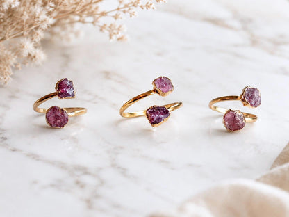 Raw Ruby Open Wrap Ring – Adjustable Gold Ring with Double Red Pink Gemstones – July Birthstone Jewelry