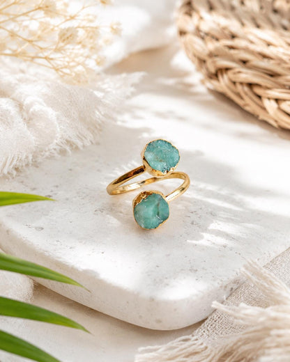 Raw Emerald Open Wrap Ring – Adjustable Gold Ring with Double Green Gemstones – May Birthstone Jewelry