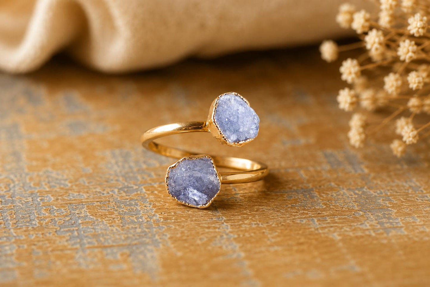 Raw Tanzanite Open Wrap Ring – Adjustable Gold Ring with Double Blue Gemstones – December Birthstone Jewelry