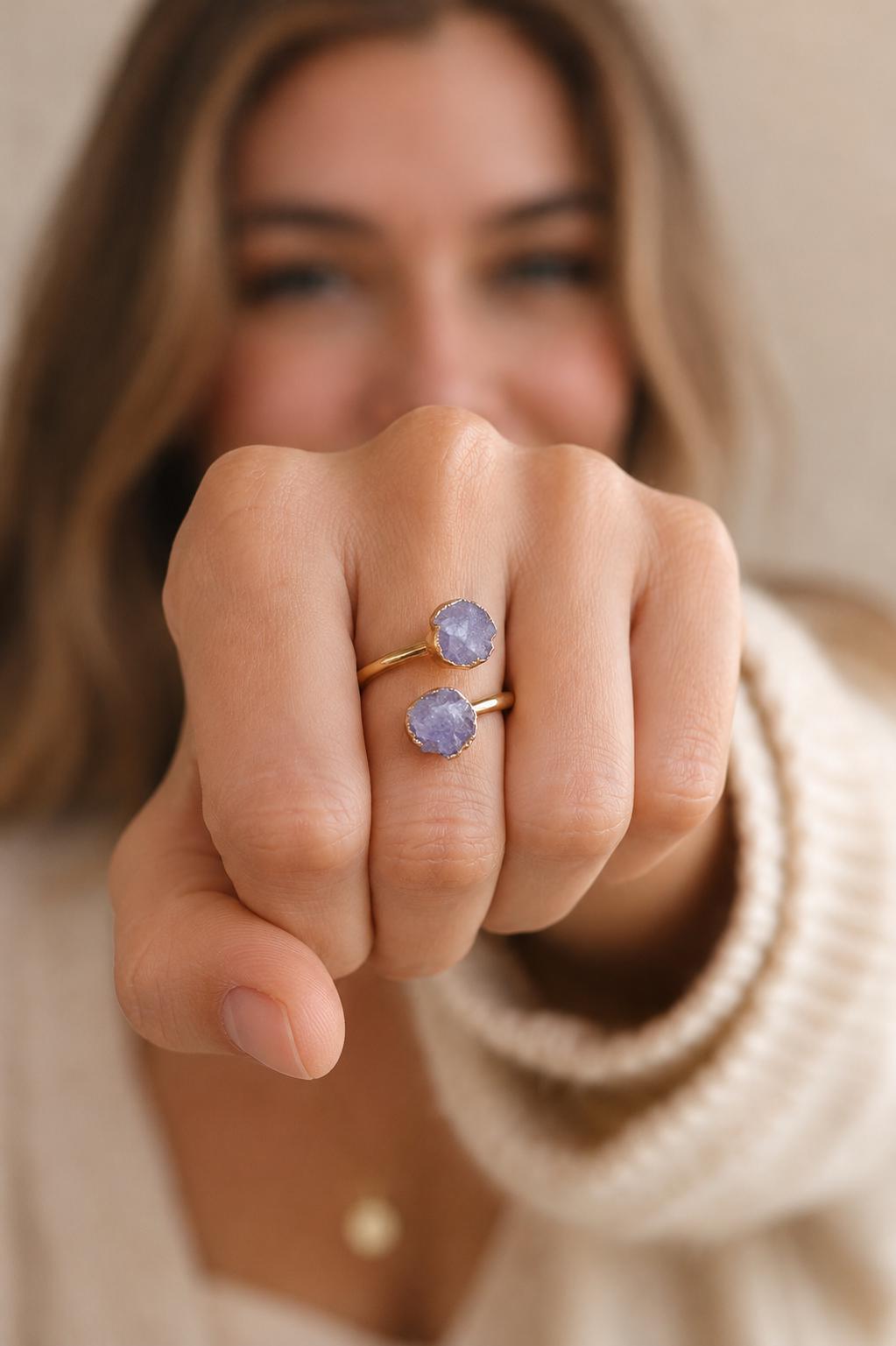 Raw Tanzanite Open Wrap Ring – Adjustable Gold Ring with Double Blue Gemstones – December Birthstone Jewelry