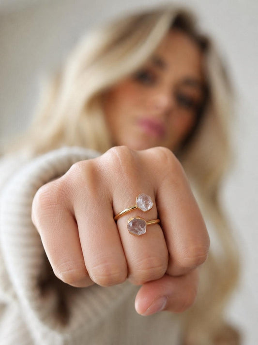 Raw Herkimer Diamond Open Wrap Ring – Adjustable Gold Ring with Double Crystals – April Birthstone Jewelry