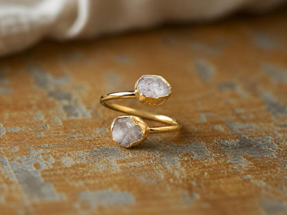Raw Black Tourmaline Open Wrap Ring – Adjustable Gold Ring with Double Black Gemstones – October Birthstone Jewelry