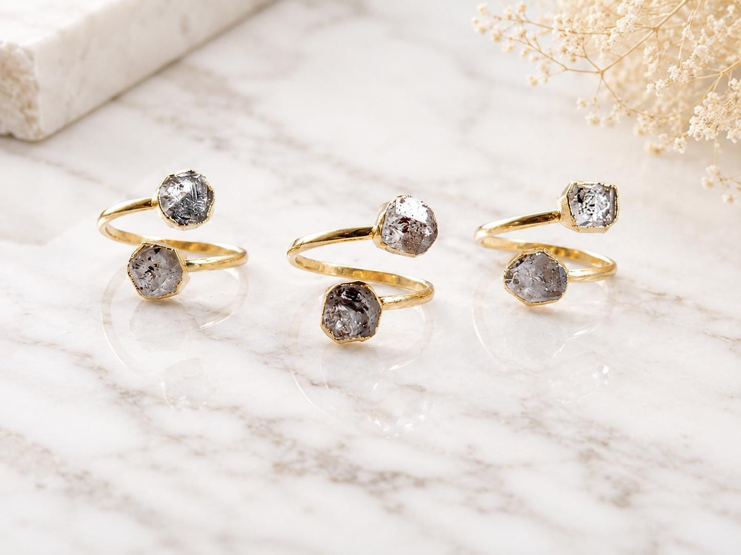 Raw Herkimer Diamond Open Wrap Ring – Adjustable Gold Ring with Double Crystals – April Birthstone Jewelry